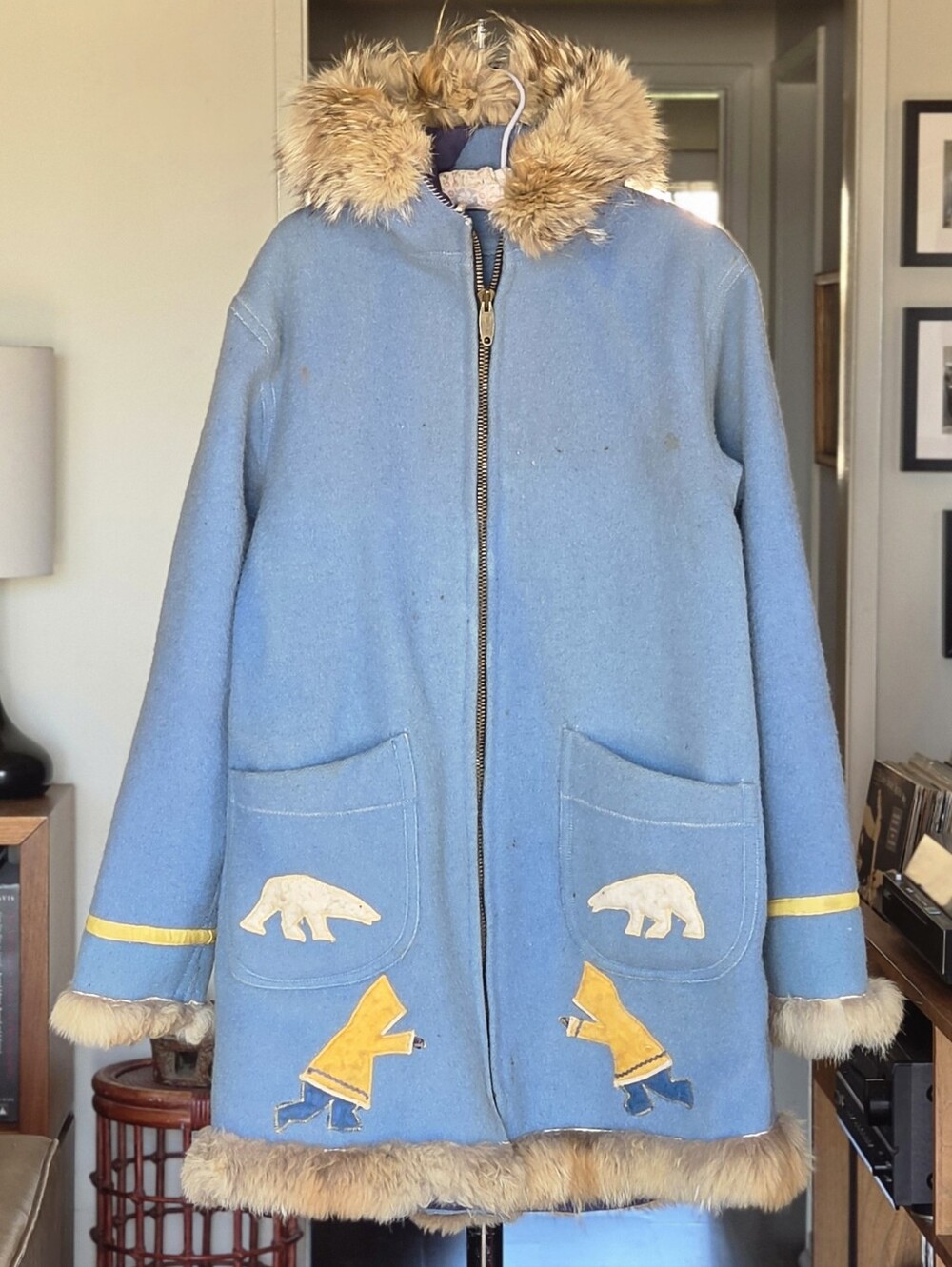 RARE Vintage 70s Arctic Wool Parka - Polar Bear Felt Applique & Fur Trim